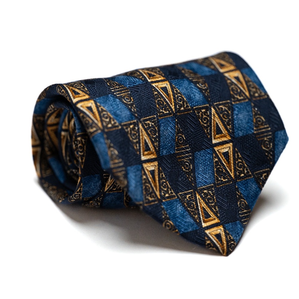 Van Heusen 100% Silk Geometric Blue and Gold Tie,‎ EUC